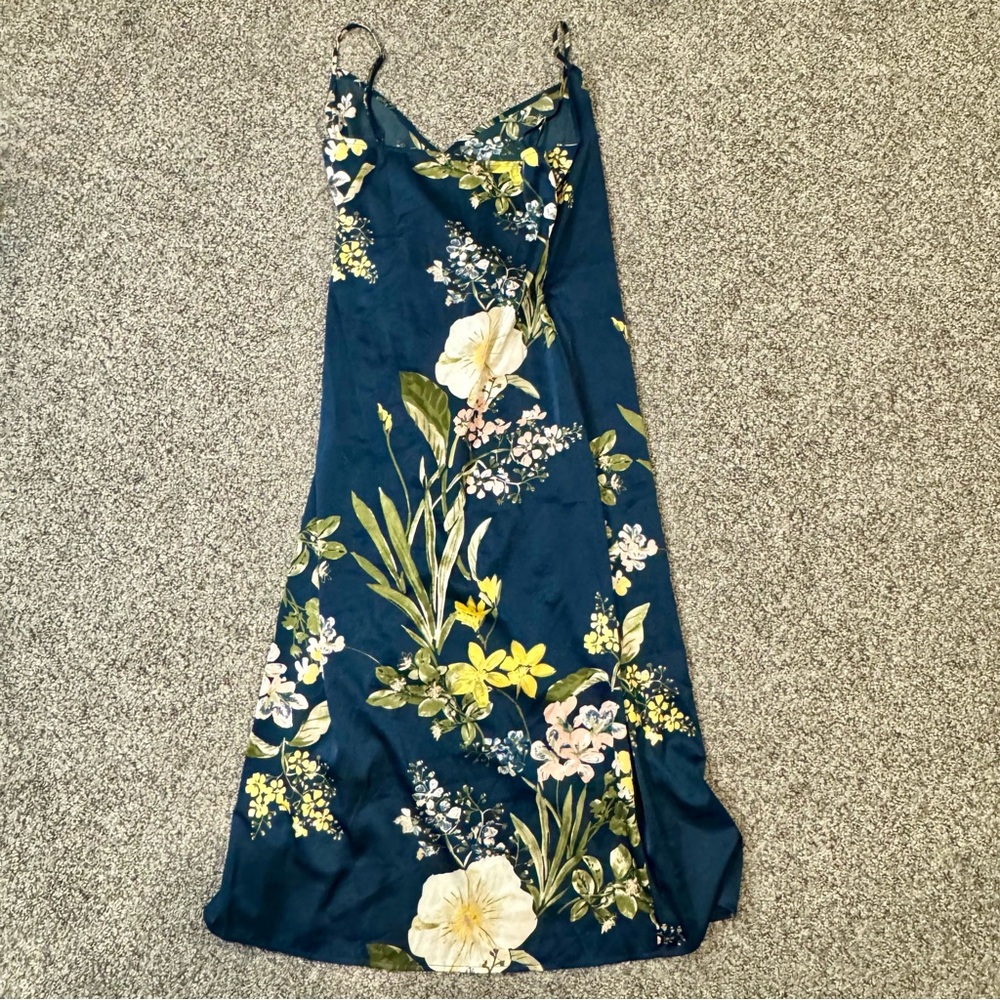 Lulu's Navy Floral Satin Midi Slip Dress with Side Slit - Picture 7 of 8